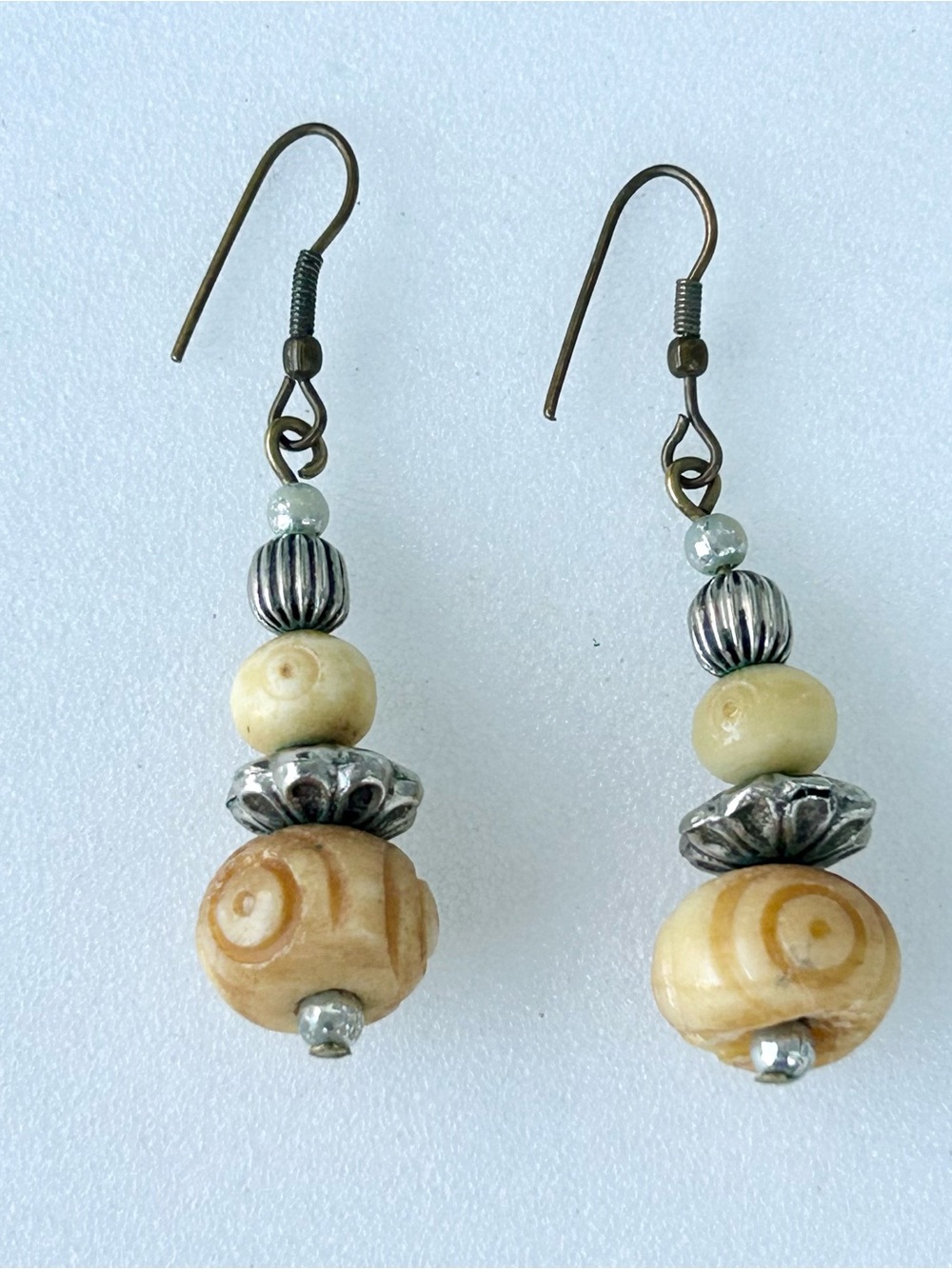 Vintage Carved Resin and Silver Tone Metal Drop Earrings 2”